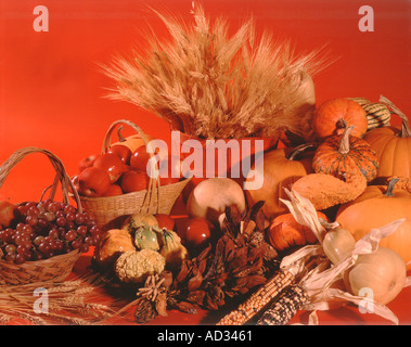 La vie encore la récolte avec la générosité de l'automne les fruits et légumes sur fond rouge Banque D'Images