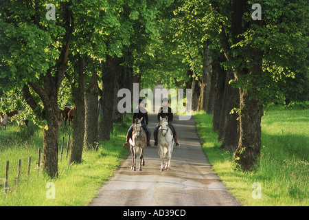 Deux jeunes filles de l'équitation sur la route de campagne bordée d'arbres en Suède Banque D'Images