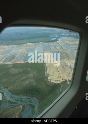 En regardant par la fenêtre d'un petit avion pour voir la ligne de la côte sud du Belize Banque D'Images