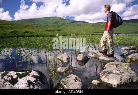 Paysage d'été la randonnée homme hill Walker sur les pas japonais à Loch Neldricken à Galloway Hills Scotland UK Banque D'Images