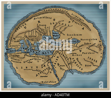 Cartographie, cartes du monde, carte d'après Herodotus de Halicarnassus, (vers 484 BC - 425 BC), reconstruction, plus tard colorée, XIXe siècle, vue du monde, monde ancien, Asie, Orient, Afrique du Nord, Grèce, mer Caspienne, Méditerranée, topographie, Europe, historique, ancien monde, Banque D'Images