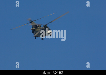 Un hélicoptère Chinook, voler dans un ciel bleu-clair. Banque D'Images