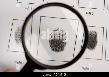 Une loupe au-dessus d'un document d'empreintes digitales Banque D'Images
