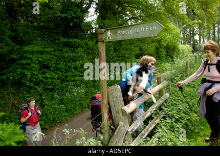 Groupe de marche sur sentier plus chien de levage stile en campagne près de Abergavenny Monmouthshire South Wales UK Banque D'Images