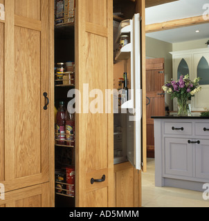 Sortir placard de rangement à côté de larder Réfrigérateur avec porte à demi ouverte dans une cuisine moderne Banque D'Images