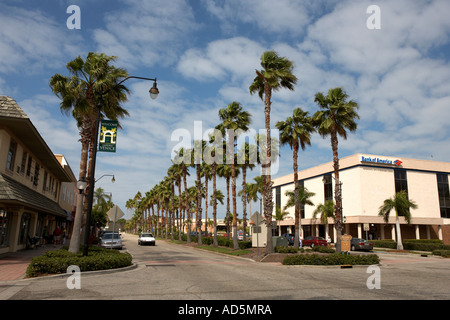 Vue vers le bas de l'avenue de Venise qui est la principale rue commerçante bordée de palmiers, Venise Etats-Unis floride usa Banque D'Images