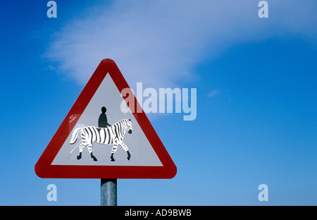 Horse Rider road sign avec zebra stripes Banque D'Images