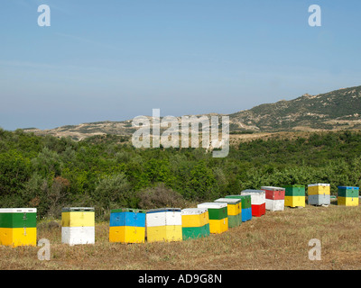 Rangée de ruches colorées dans les montagnes en Grèce Banque D'Images