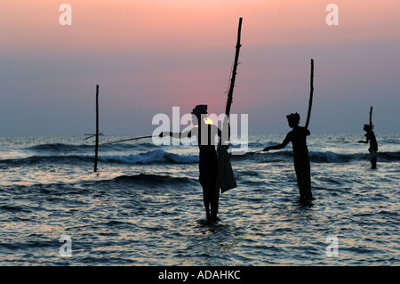 Le Weligama pêcheurs traditionnels sur pilotis dans les vagues de l'Océan Indien au large de la côte sud de l'île Banque D'Images