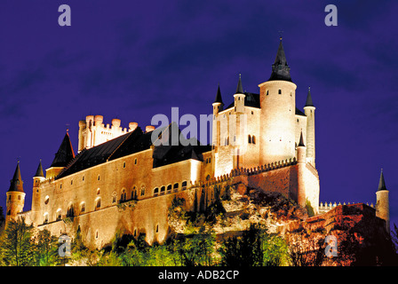 Vue de la nuit de l'Alcazar, Ségovie, Espagne, Castille-León Banque D'Images