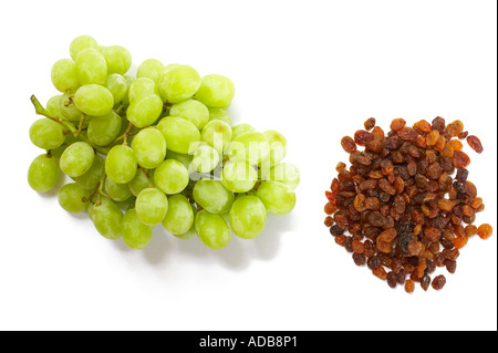 Grappe de raisins sultanines et sur fond blanc Banque D'Images