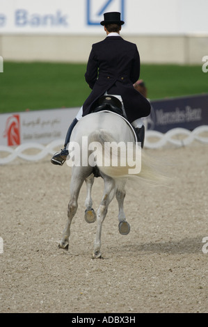 Vue arrière d'un cavalier de dressage et un cheval gris Banque D'Images