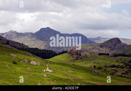 Avis de Langdale Pikes de Blea Moss près de Little Langdale Tarnclose Crag et sur le côté droit à Pike Lake District Cumbria Banque D'Images