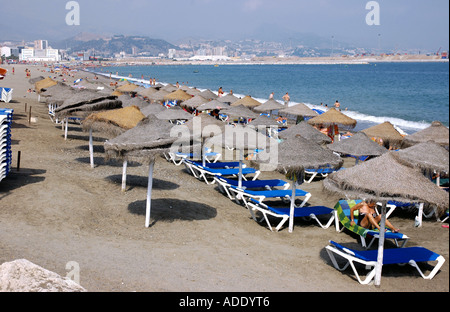 Vue panoramique mer & plage de Malaga Costa del Sol Andalousie Côte Soleil Andalucía España Espagne Iberia Europe Banque D'Images