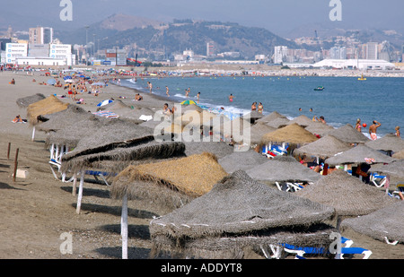 Vue panoramique mer & plage de Malaga Costa del Sol Andalousie Côte Soleil Andalucía España Espagne Iberia Europe Banque D'Images