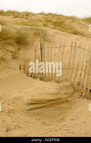 Erasion les clôtures de protection dans les dunes à Camber Sands Rye East Sussex England Banque D'Images