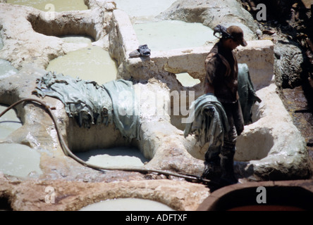 L'homme travaillant dans les tanneries, Fes, Maroc Banque D'Images