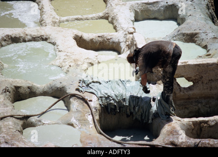 L'homme travaillant dans les tanneries, Fes, Maroc Banque D'Images