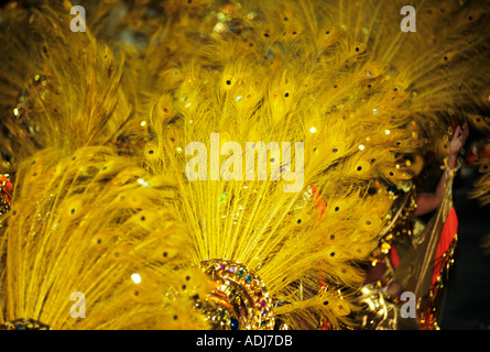 Rio de Janeiro, Brésil. L'école de samba de carnaval, défilé de plume de paon jaune vif d'or et des coiffes. Banque D'Images