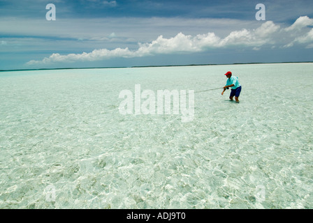 Une plus grande BAHAMA EXUMA pêcheur de mouche en mer émeraude casting pour bone fish en appartements Océan Atlantique Banque D'Images