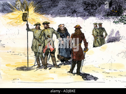 Arrestation d'un espion russe pendant la Grande Guerre du Nord avec la Suède. À la main, gravure sur bois Banque D'Images