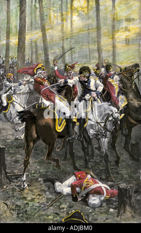 Combat entre le col Banistre et Tarleton Col.l William Washington durant la bataille de Cowpens dans la Révolution américaine. À la main, gravure sur bois Banque D'Images