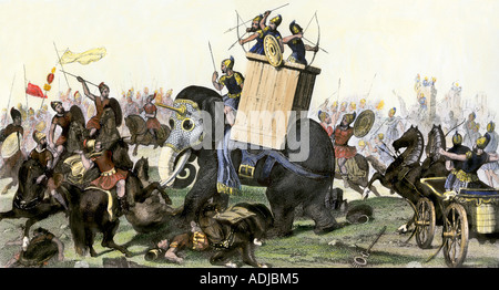 Bataille militaire à l'aide d'éléphants et des chars blindés à l'époque de l'Empire romain. La gravure à la main, Banque D'Images