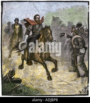 Les soldats confédérés cheering at un aperçu général de Stonewall Jackson dans la guerre de Sécession. À la main, gravure sur bois Banque D'Images