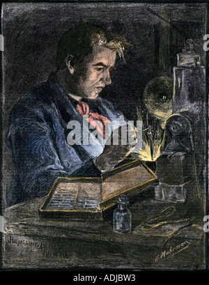 Thomas Edison dans son atelier 1870. À la main, gravure sur bois Banque D'Images