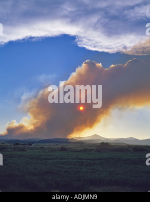 La fumée et les incendies de forêt de soleil près de Lakeview Oregon Banque D'Images