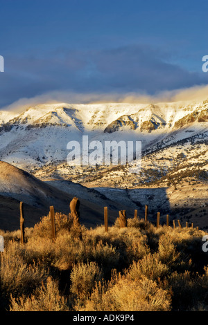 Lever de Soleil sur le Steens Mountain de neige fraîche et de l'Oregon clôture Banque D'Images