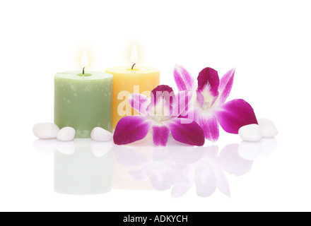 Deux orchidées, deux bougies et quelques galets sur fond blanc Banque D'Images