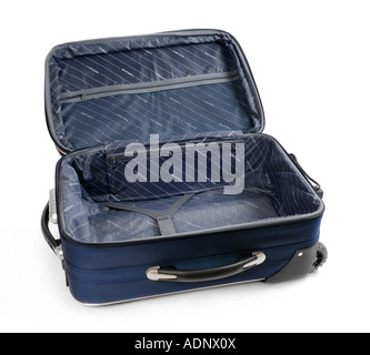 Voyage bleu vide ouvert isolé sur blanc silhouette valise bagage sac bagages découpe Banque D'Images