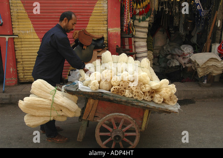 Un musicien ambulant vente de Luffa ou Loofah éponge à Khan el-Khalili, un grand souk dans le centre historique du Caire islamique Égypte Banque D'Images