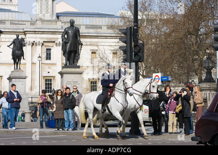 Des officiers de police à cheval à Trafalgar Square Londres Angleterre Royaume-Uni Banque D'Images