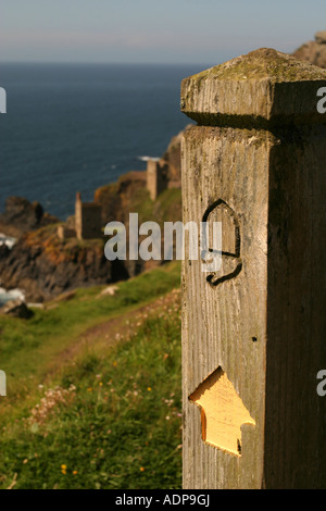 Acorn sentier direction avec couronne maisons moteur Botallack Cornwall en arrière-plan Banque D'Images