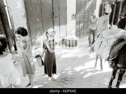 Les enfants marocains dans les rues du Souk Médina de Fès el Bali au Maroc au Maghreb en Afrique du Nord Sahara. Les gens de la petite enfance Fes mauresque Banque D'Images