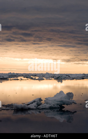 Iceberg flottant dans les glaces en mouvement. La glace fond dans la chaleur de la journée et gèle la nuit. C'est soleil de minuit à 2 heures du matin. Banque D'Images