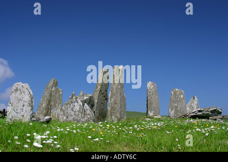 Pierres au-dessus d'un cairn funéraire chambré ou tombe à Cairnholy Dumfries et Galloway au sud ouest de l'Écosse avec ciel bleu Banque D'Images