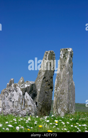 Pierres au-dessus d'un cairn funéraire chambré ou tombe à Cairnholy Dumfries et Galloway au sud ouest de l'Écosse avec ciel bleu Banque D'Images
