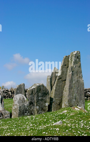 Pierres au-dessus d'un cairn funéraire chambré ou tombe à Cairnholy Dumfries et Galloway au sud ouest de l'Écosse avec ciel bleu Banque D'Images