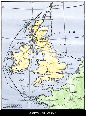 Les itinéraires de les navires américains et de Rangers Bonhomme Richard piller les îles Britanniques durant la Révolution américaine. À la main, gravure sur bois Banque D'Images