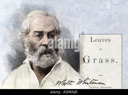 Walt Whitman et la première édition page de titre de son poème épique de 1855 Feuilles d'herbe. À la main, gravures sur bois combinées numériquement Banque D'Images