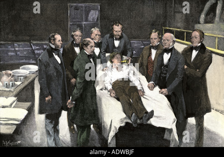 Première utilisation publique d'anesthésie chirurgicale à l'Hôpital général du Massachusetts Boston 1846. La main, d'une photographie de demi-teinte Banque D'Images