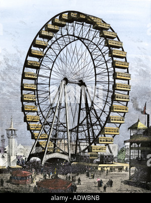 Première Grande Roue 250 pieds de diamètre avec 36 voitures à Worlds Fair et Columbian Exposition Chicago 1893. La main, d'une illustration de demi-teinte Banque D'Images