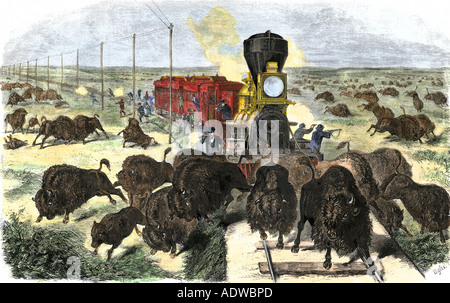 Les passagers et l'équipage de Buffalo tir un train sur le chemin de fer transcontinental 1870. À la main, gravure sur bois Banque D'Images