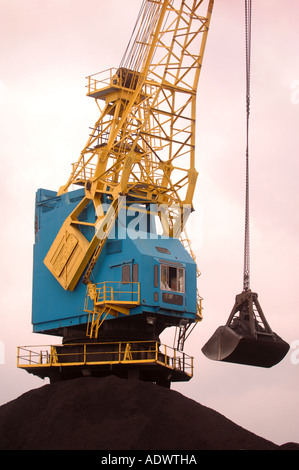 Une grue DE DÉCHARGEMENT DU CHARBON D'UN PORTE-CONTENEURS SUR LE QUAI DANS UN PORT DE NEWPORT SOUTH WALES UK Banque D'Images