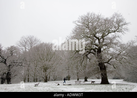 Homme marche sur la neige chien couverts Hampstead Heath le nord de Londres Angleterre Royaume-Uni Banque D'Images