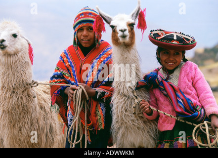 Les enfants péruviens avec des lamas Pérou Amérique du Sud Banque D'Images