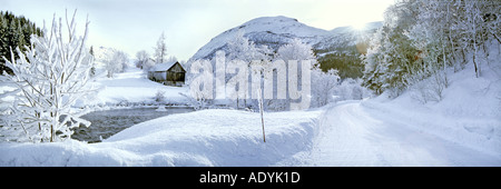 La neige a couvert près de River Road, avec des arbres couverts de givre en face de la montagne, de la Norvège, Nordland, Leirskardalen Banque D'Images